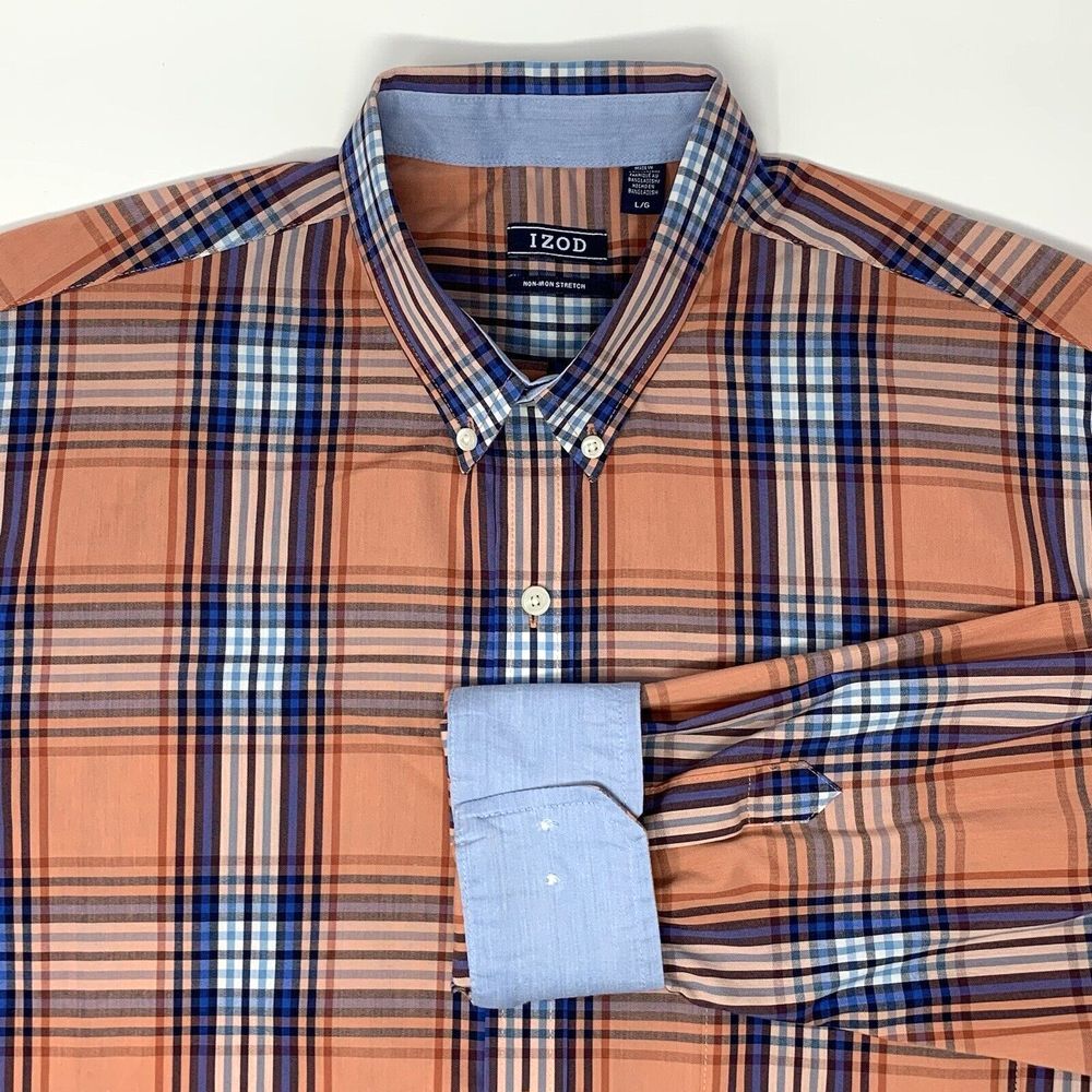 IZOD Orange‎ & Blue Plaid Stretch Long Sleeve Button Up Men's Shirt Size Large